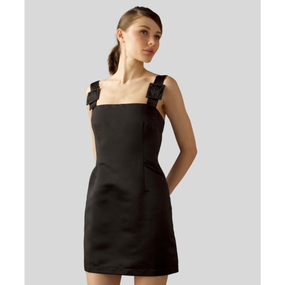 Cynthia Rowley Gigi Satin Dress Black Mini Rhinestone Cocktail Party LBD Size 0
